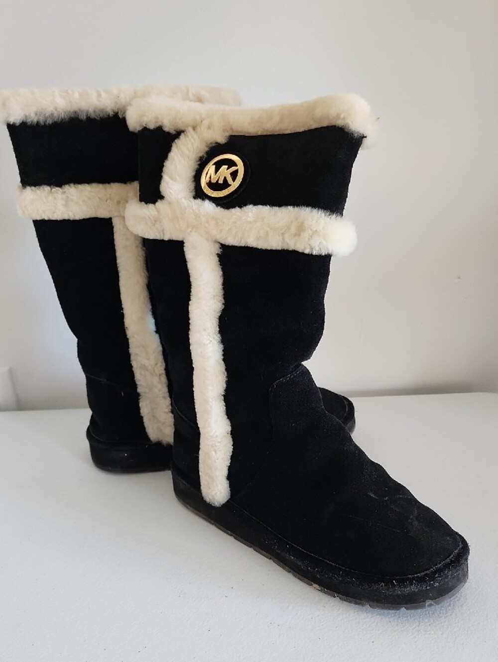 Michael Kors Black Suede Winter Boots with Cream Shearling Trim